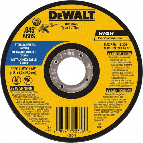 DeWALT Cut-Off Wheel: Type 1 (01/41), 4-1/2 Dia, 0.0450" Thick, 7/8" Hole, Aluminum Oxide - 13300 RPM, Reinforced, 1 per Pack