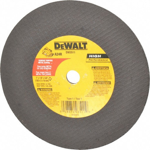 DeWALT Cut-Off Wheel: Type 1 (01/41), 7 Dia, 1/8" Thick, 5/8" Hole, Aluminum Oxide - 24 Grit, 8700 RPM, Reinforced, 1 per Pack