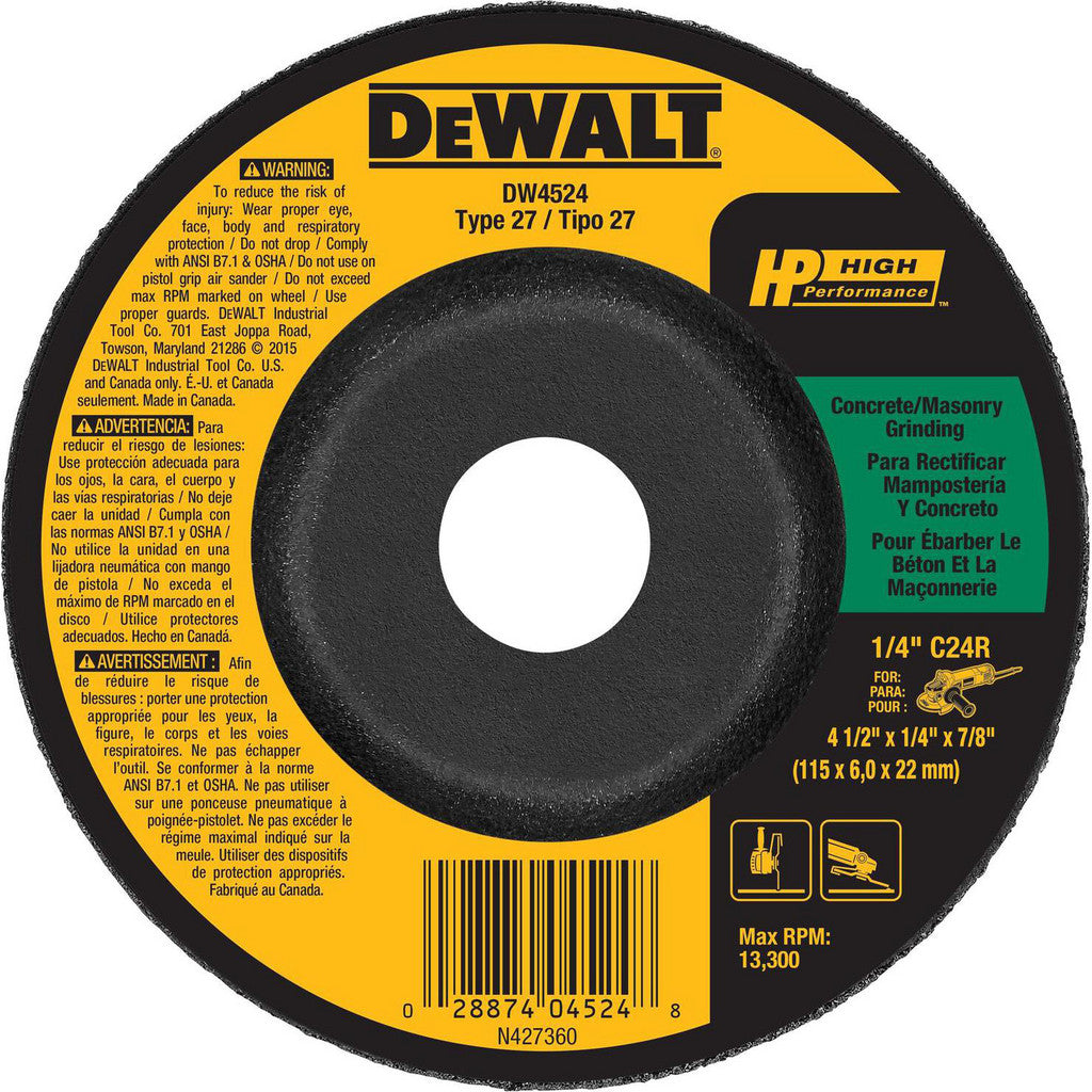DeWALT Depressed-Center Wheel: Type 27, 4-1/2" Dia, 1/4" Thick, 7/8" Hole, Silicon Carbide - 24 Grit, Resinoid Bond, 12000 Max RPM, Use with Angle Grinder