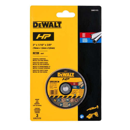 DeWALT Cut-Off Wheel: Type 1 (01/41), 3 Dia, 1/16" Thick, 5/8" Hole, Aluminum Oxide - 60 Grit, 24400 RPM, Reinforced, 3 per Pack