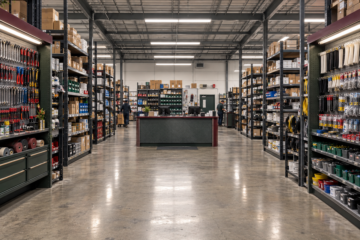 Realistic industrial supply shop middle view