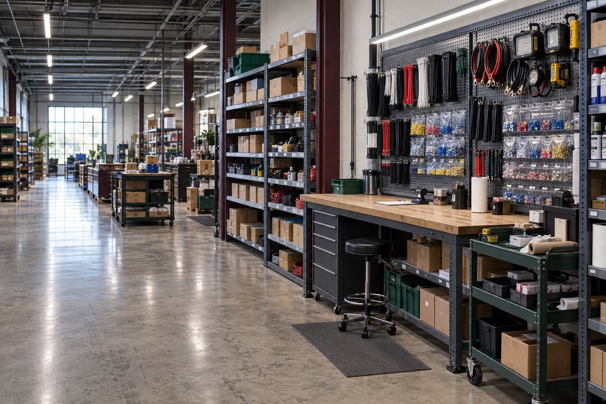 Realistic industrial supply shop right view