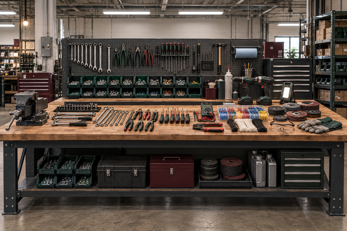 Wide industrial maintenance and repair tool bench